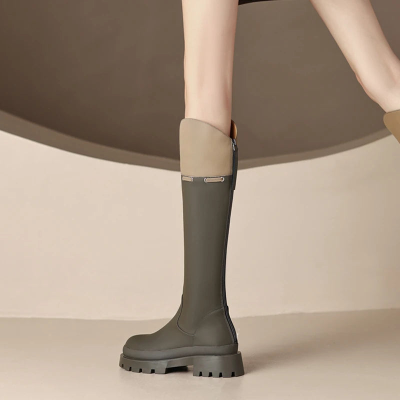 Women's Fall Winter Chunky Sole Leather Round Toe Block Heel Slim-fit Color-block Tall Riding Boots for Office and Weekend Streetwear Everyday Wear Slimming