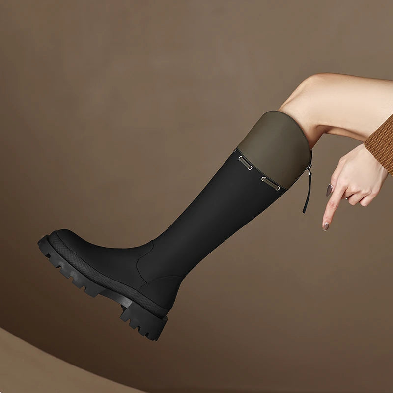 Women's Fall Winter Chunky Sole Leather Round Toe Block Heel Slim-fit Color-block Tall Riding Boots for Office and Weekend Streetwear Everyday Wear Slimming