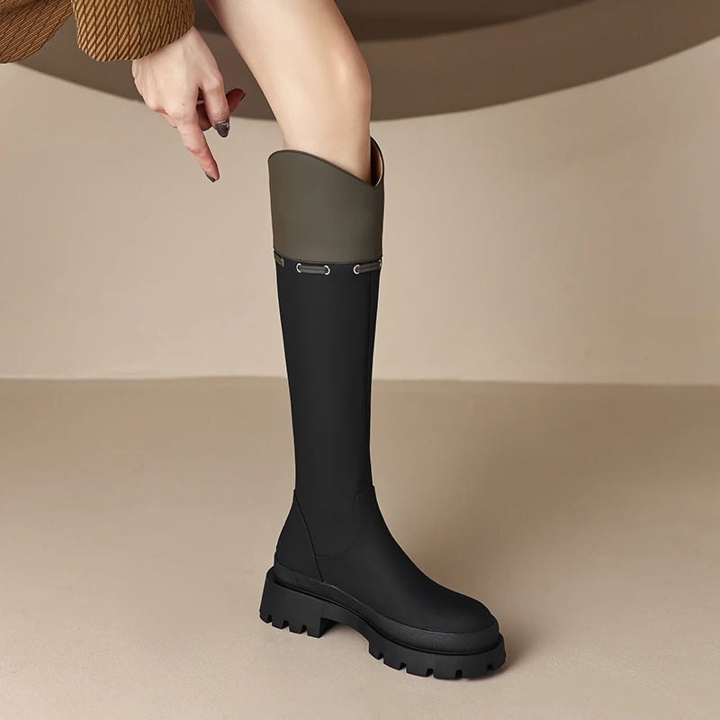 Women's Fall Winter Chunky Sole Leather Round Toe Block Heel Slim-fit Color-block Tall Riding Boots for Office and Weekend Streetwear Everyday Wear Slimming