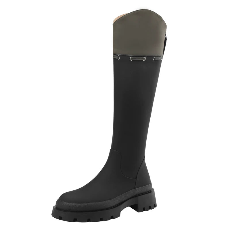 Women's Fall Winter Chunky Sole Leather Round Toe Block Heel Slim-fit Color-block Tall Riding Boots for Office and Weekend Streetwear Everyday Wear Slimming