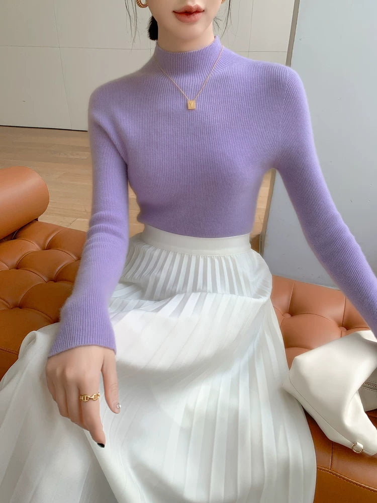 Women's Mock Neck Wool Fall Winter Slim-fit Sweater Knit Pullover Top for Casual Outfits Spring Travel Office Slimming Everyday