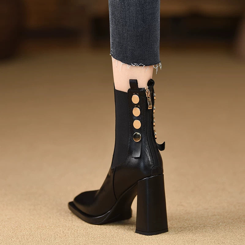 Women's Fall Winter Black Square Toe Block Heel High Heel Zip Ankle Boots for Office and Weekend Streetwear Everyday Wear Date Night Wedding Guest