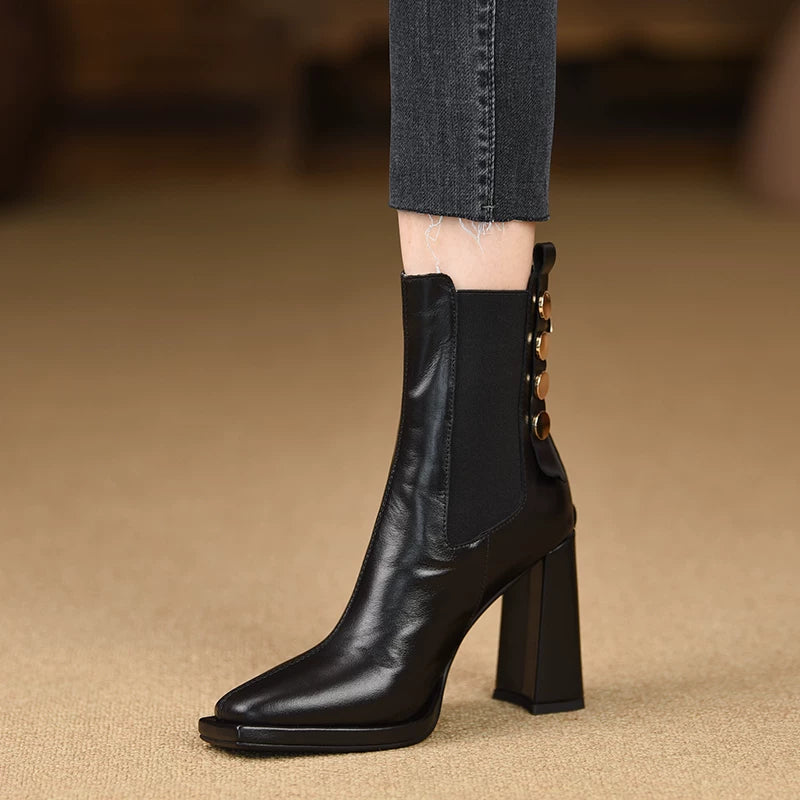 Women's Fall Winter Black Square Toe Block Heel High Heel Zip Ankle Boots for Office and Weekend Streetwear Everyday Wear Date Night Wedding Guest