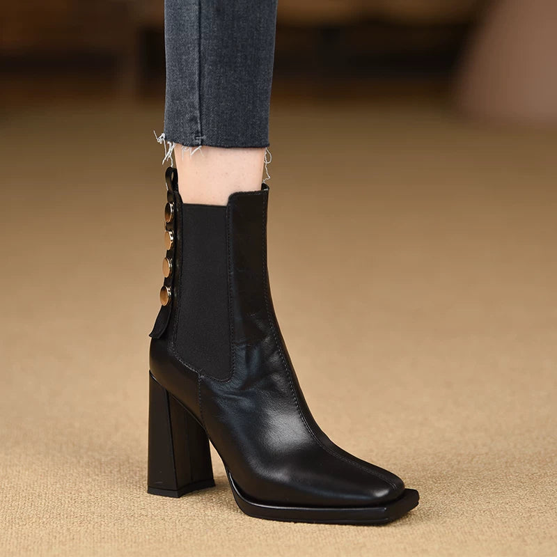 Women's Fall Winter Black Square Toe Block Heel High Heel Zip Ankle Boots for Office and Weekend Streetwear Everyday Wear Date Night Wedding Guest