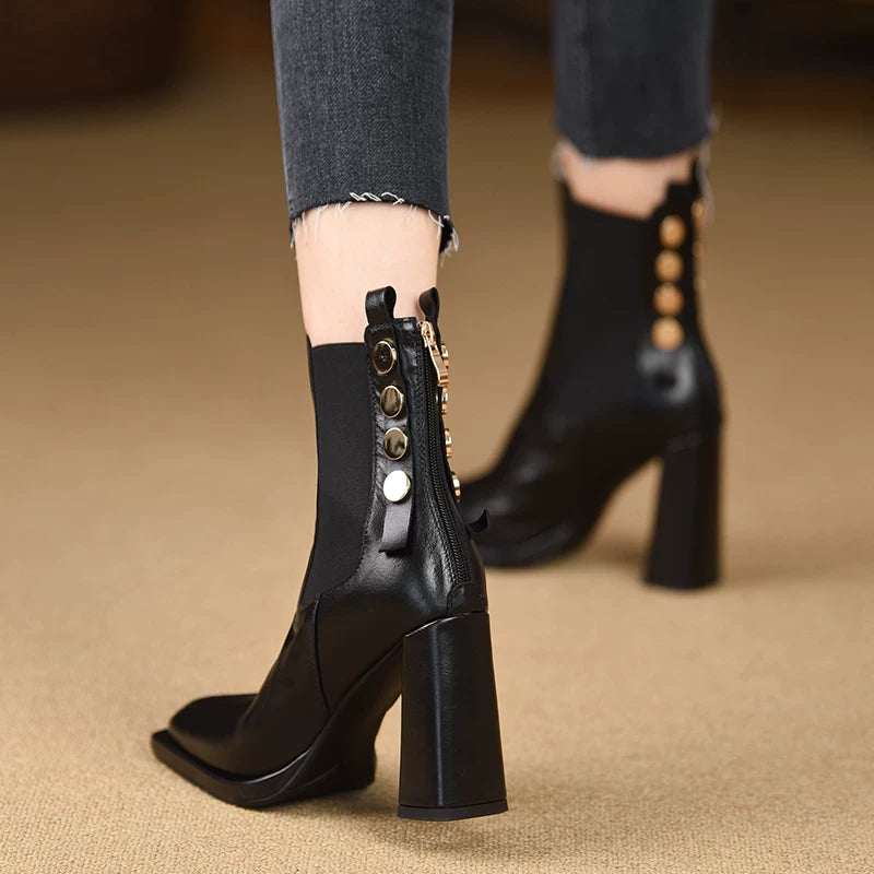 Women's Fall Winter Black Square Toe Block Heel High Heel Zip Ankle Boots for Office and Weekend Streetwear Everyday Wear Date Night Wedding Guest