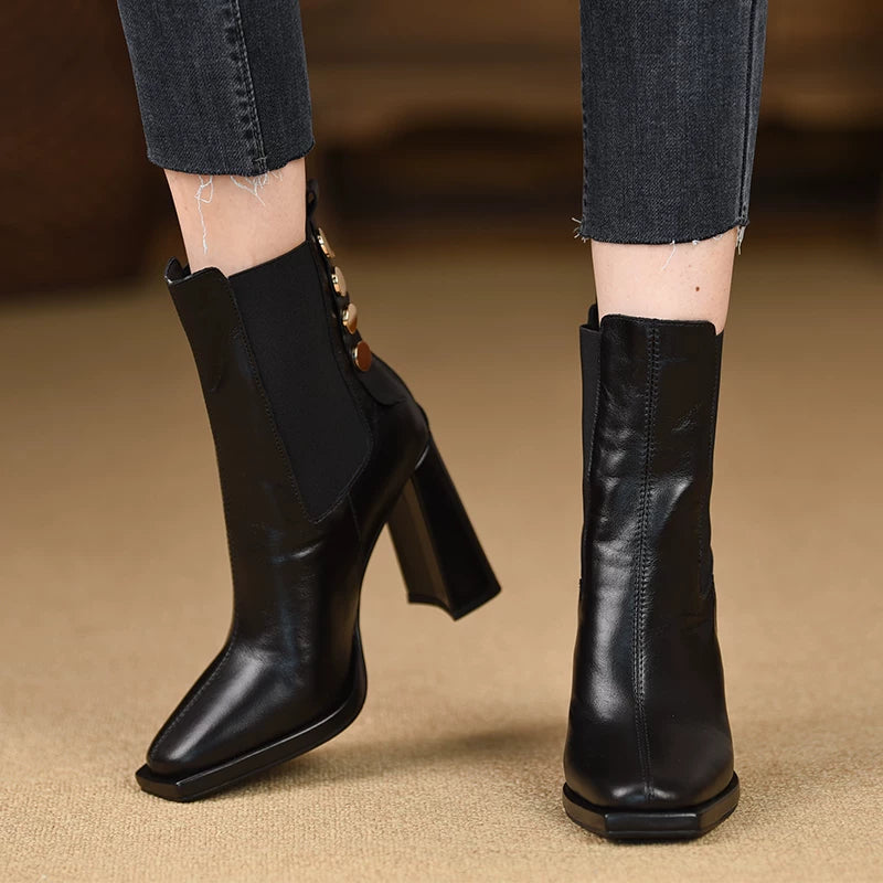 Women's Fall Winter Black Square Toe Block Heel High Heel Zip Ankle Boots for Office and Weekend Streetwear Everyday Wear Date Night Wedding Guest