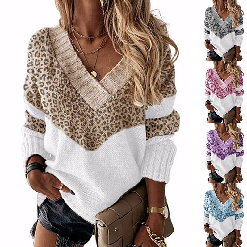Women's V-Neck Fall Winter Leopard Long Sleeve Sweater Knit Pullover Top Office Everyday
