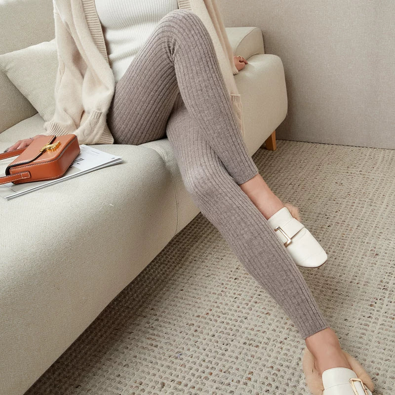Women's Fall Winter Black Knit Slim-Fit Thickened Fleece-Lined Yoga Leggings High-Waisted Stretch Gym Travel Everyday Weekend