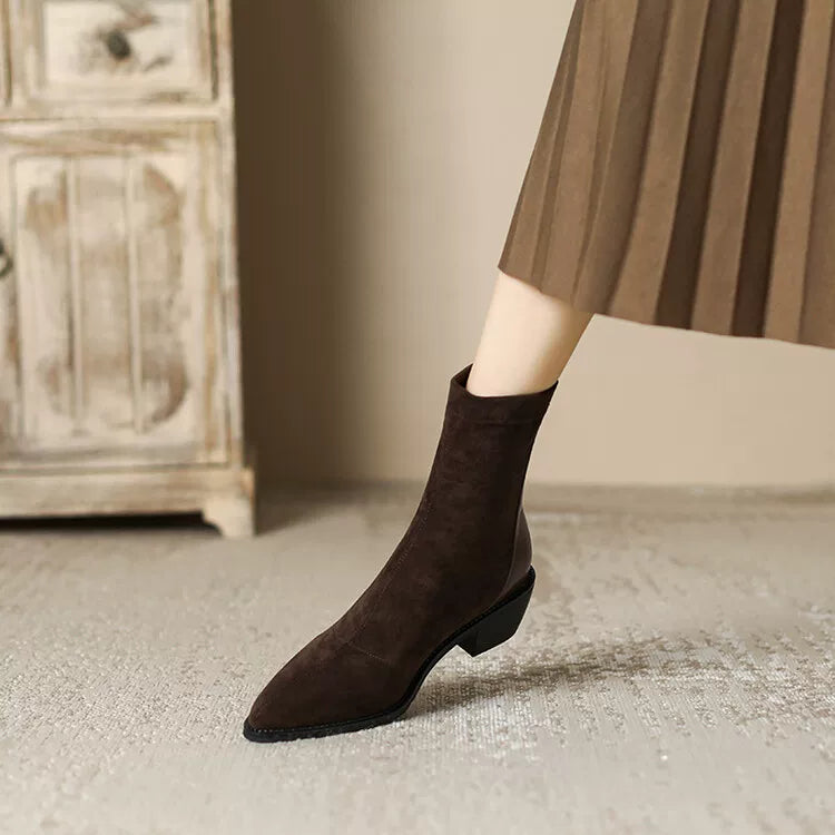 Women's Fall Winter Black Suede Pointed Toe Block Heel High Heel Petite French-Inspired Slim Ankle Boots for Office and Weekend Streetwear Everyday Wear