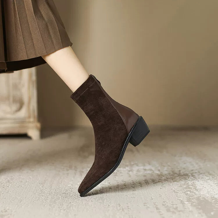 Women's Fall Winter Black Suede Pointed Toe Block Heel High Heel Petite French-Inspired Slim Ankle Boots for Office and Weekend Streetwear Everyday Wear