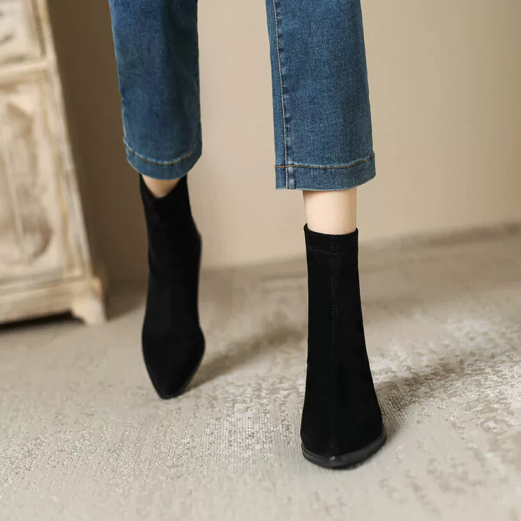 Women's Fall Winter Black Suede Pointed Toe Block Heel High Heel Petite French-Inspired Slim Ankle Boots for Office and Weekend Streetwear Everyday Wear