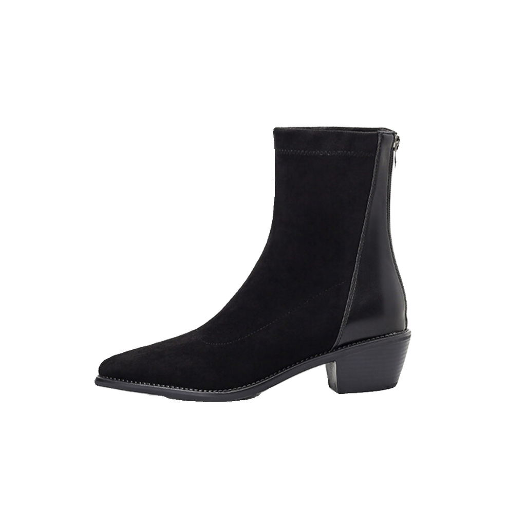 Women's Fall Winter Black Suede Pointed Toe Block Heel High Heel Petite French-Inspired Slim Ankle Boots for Office and Weekend Streetwear Everyday Wear