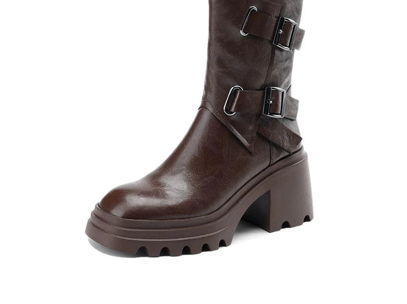 Women's Chunky Sole Square Toe Block Heel Side Zip Martin Combat Boots for Fall Outfits Streetwear Winter Office and Weekend Everyday Wear