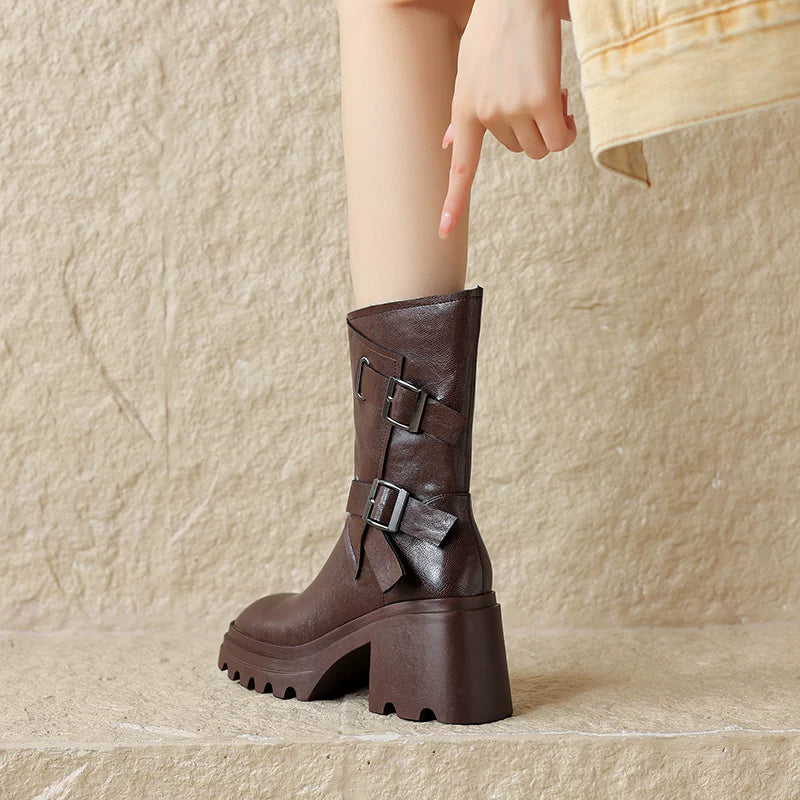 Women's Chunky Sole Square Toe Block Heel Side Zip Martin Combat Boots for Fall Outfits Streetwear Winter Office and Weekend Everyday Wear