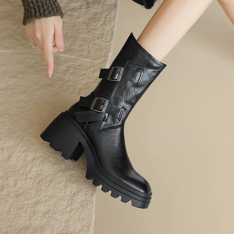 Women's Chunky Sole Square Toe Block Heel Side Zip Martin Combat Boots for Fall Outfits Streetwear Winter Office and Weekend Everyday Wear
