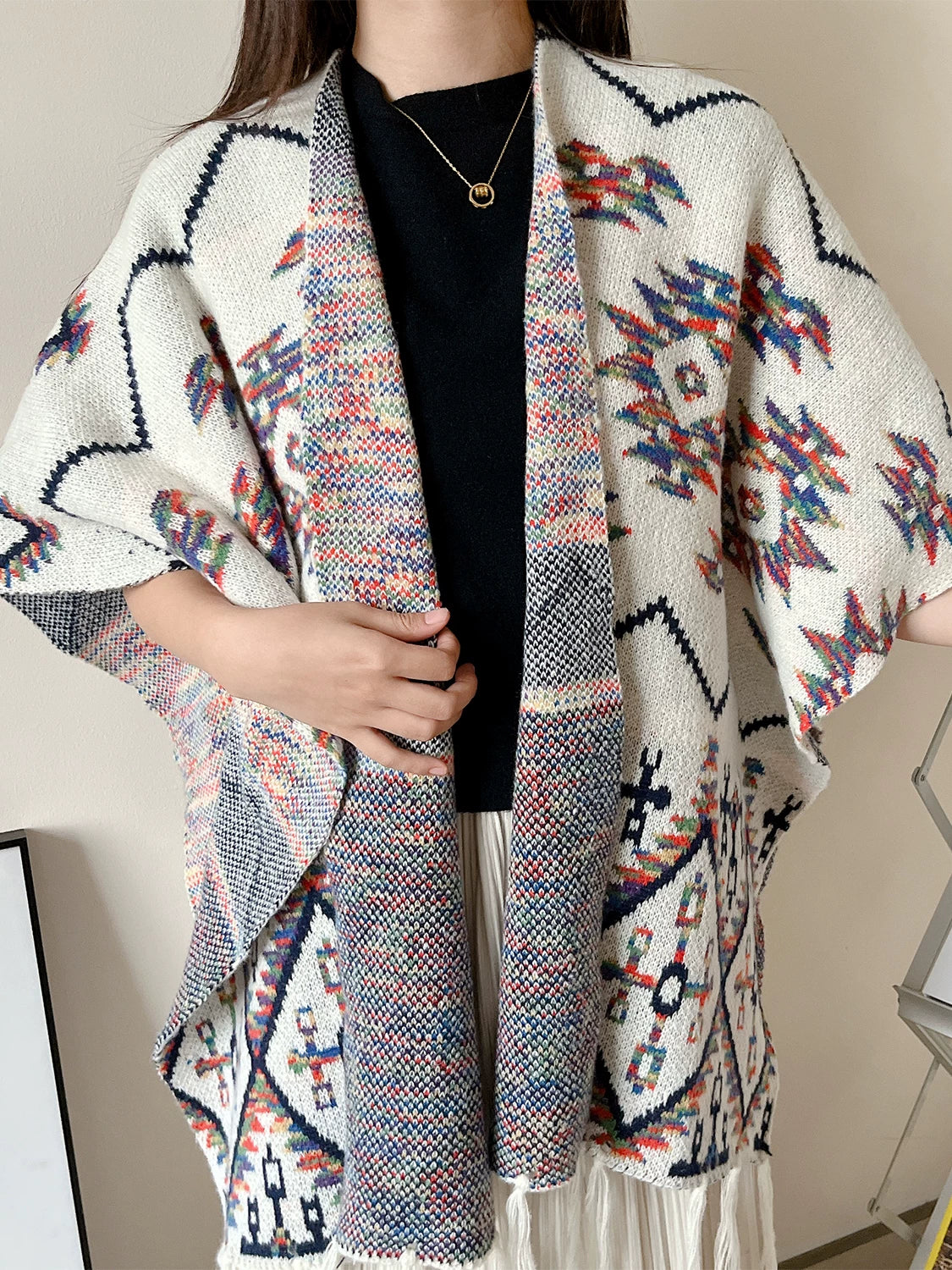 Women's Ethnic Boho Fall Winter Fleece-Lined Oversized Casual Knit Shawl Scarf Wrap Layering for Office and Travel Evening Gift