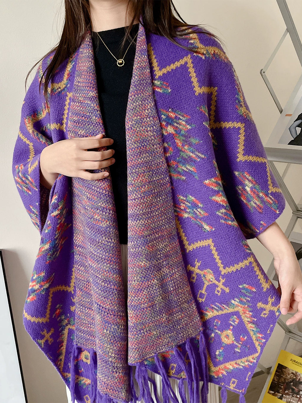 Women's Ethnic Boho Fall Winter Fleece-Lined Oversized Casual Knit Shawl Scarf Wrap Layering for Office and Travel Evening Gift
