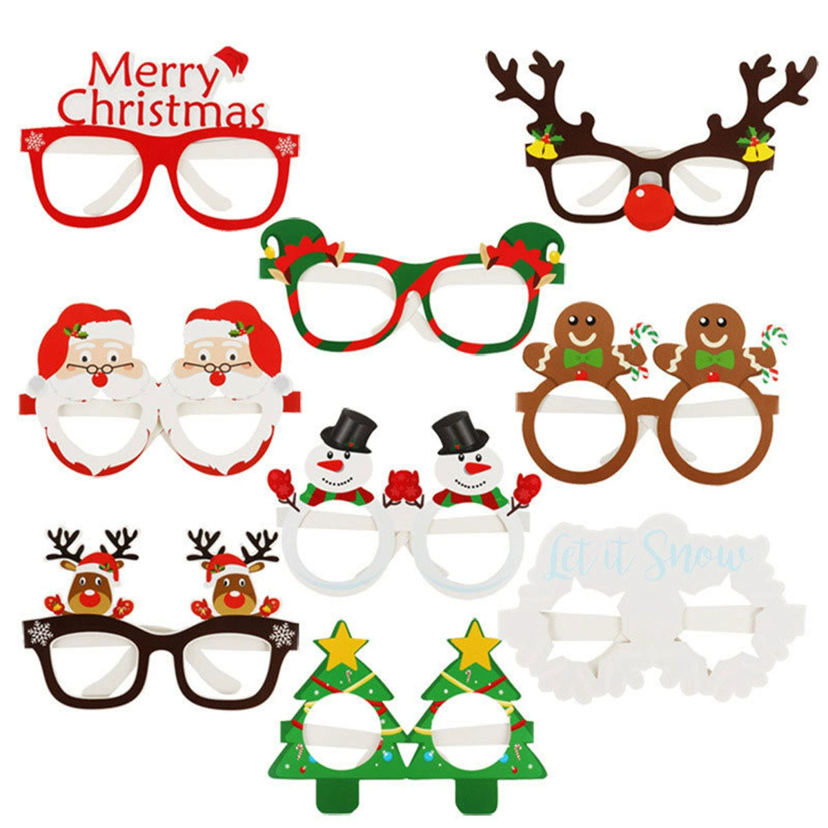 3D Christmas Party Glasses Set of 9, Santa Snowman and Reindeer Photo Props for Adults and Kids