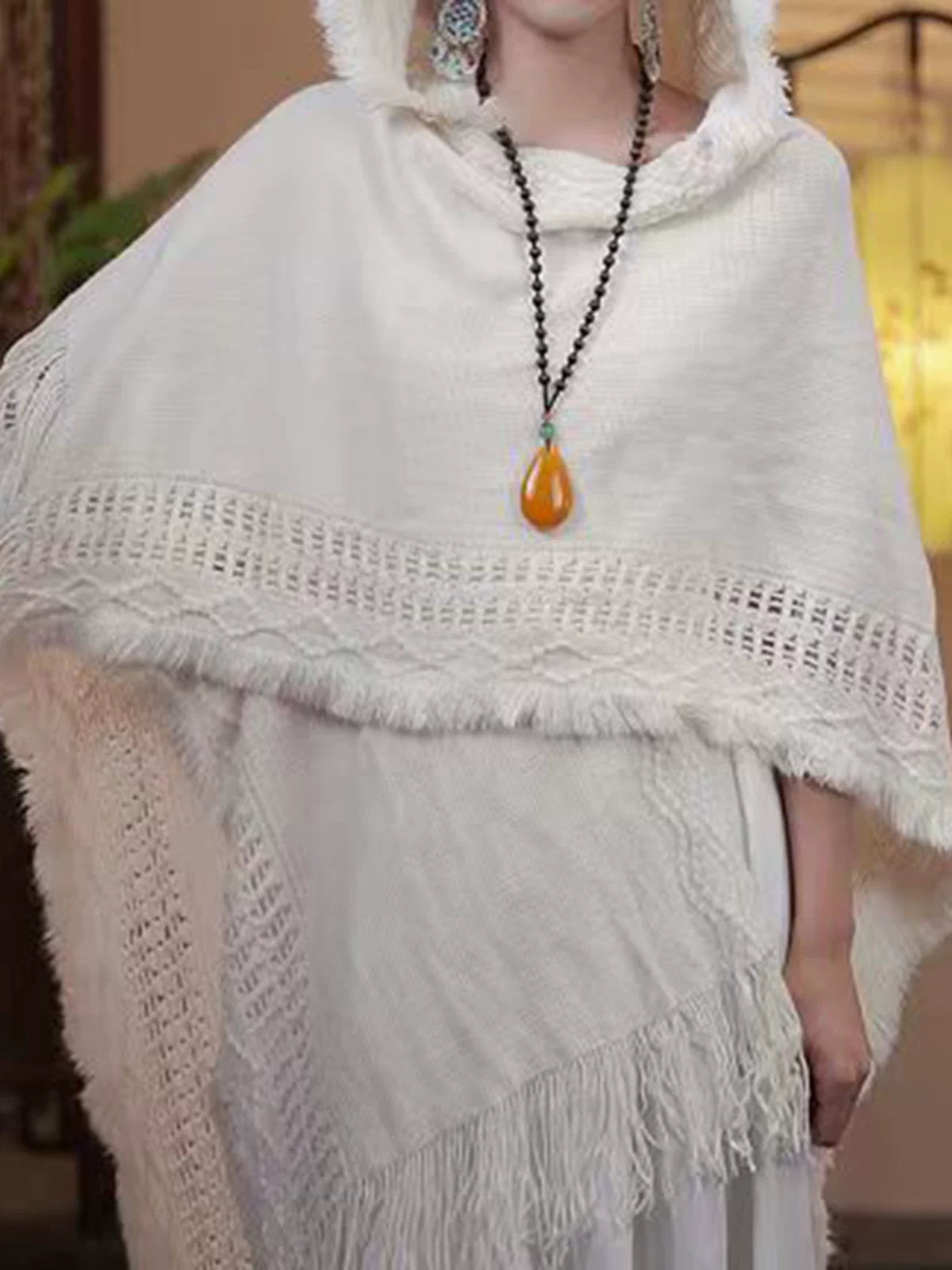 Women's Ethnic Fall Winter Longline with Hood Fleece-Lined Knit Shawl for Office and Travel Evening Gift