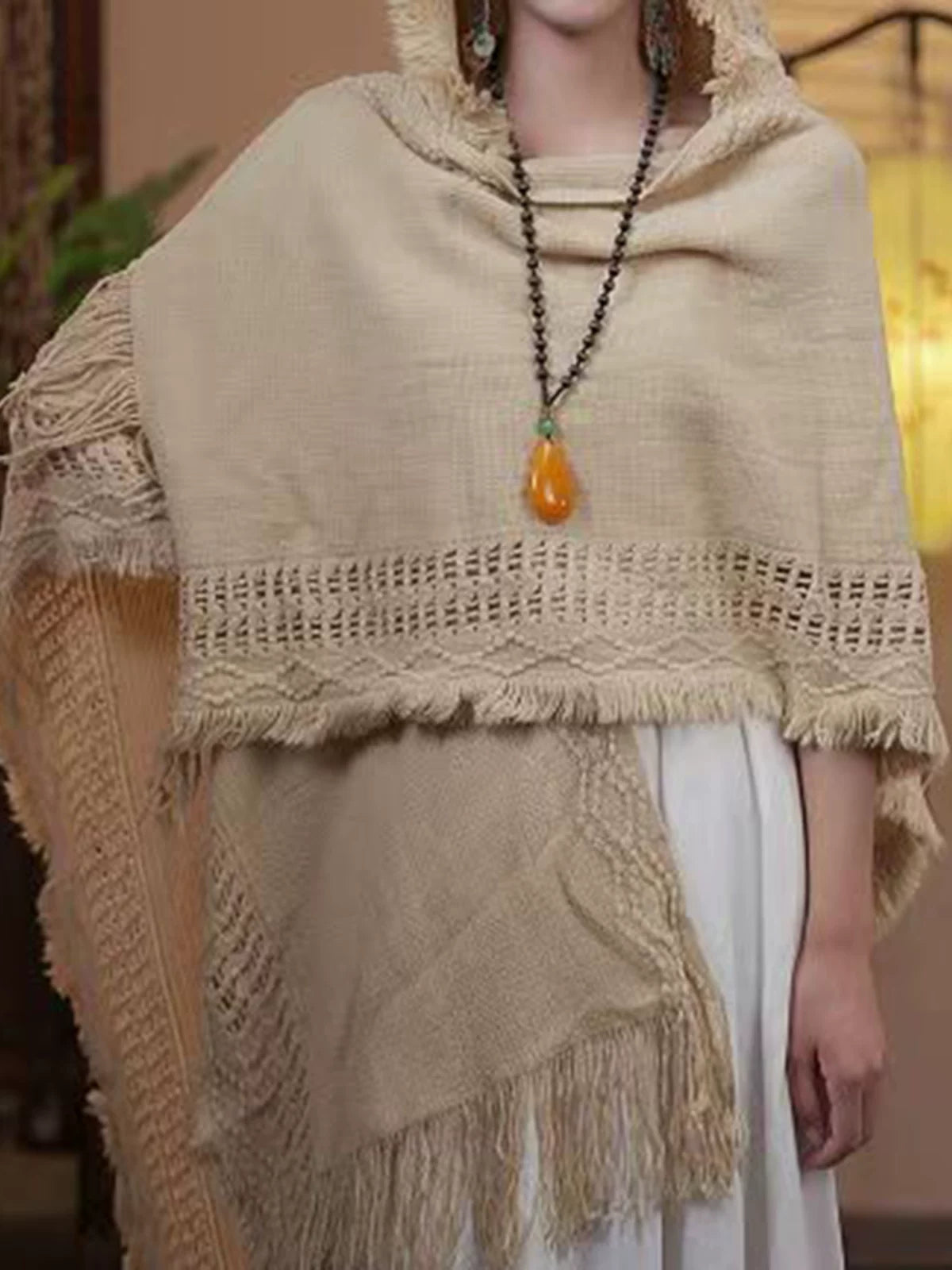 Women's Ethnic Fall Winter Longline with Hood Fleece-Lined Knit Shawl for Office and Travel Evening Gift