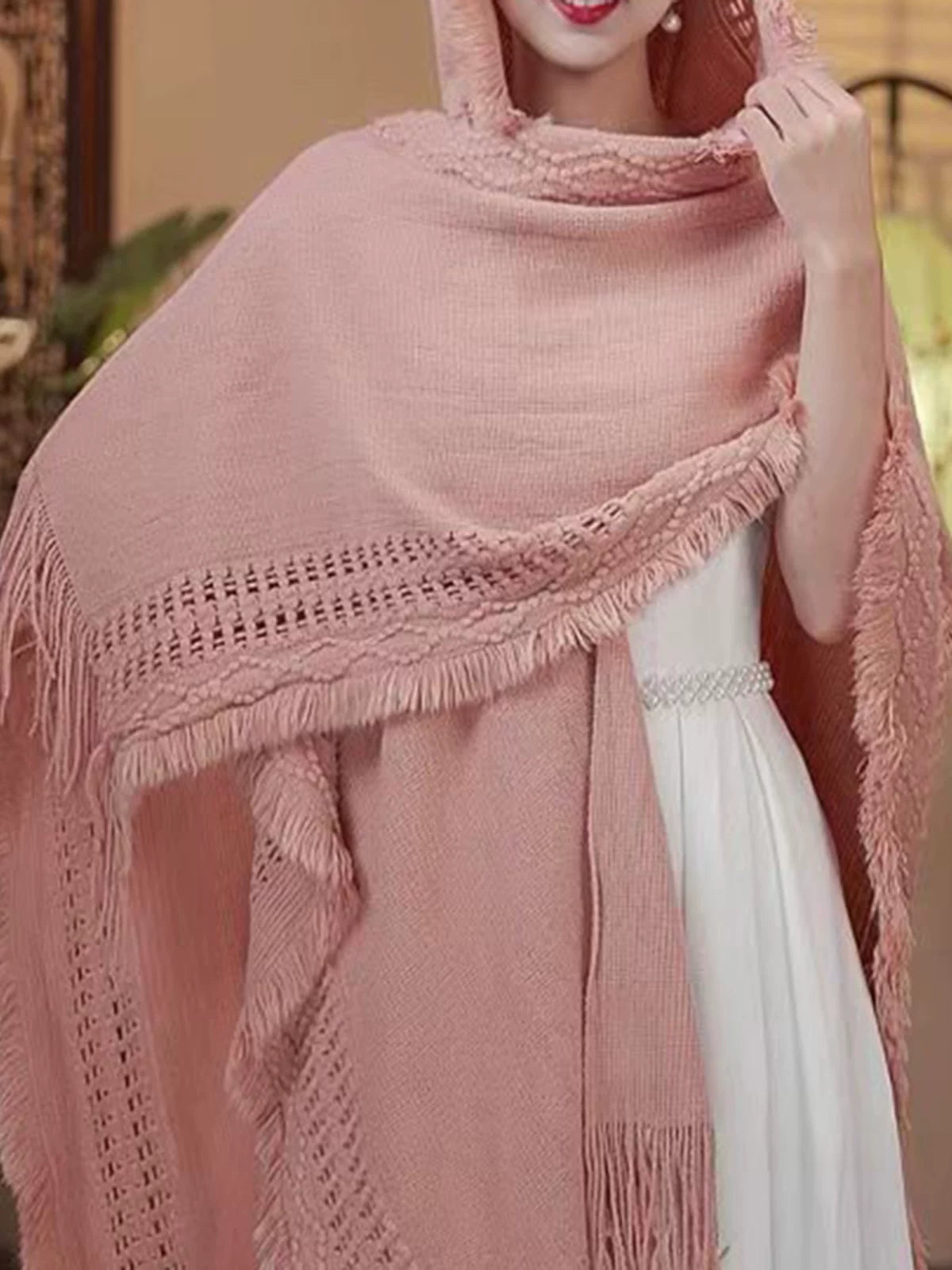 Women's Ethnic Fall Winter Longline with Hood Fleece-Lined Knit Shawl for Office and Travel Evening Gift
