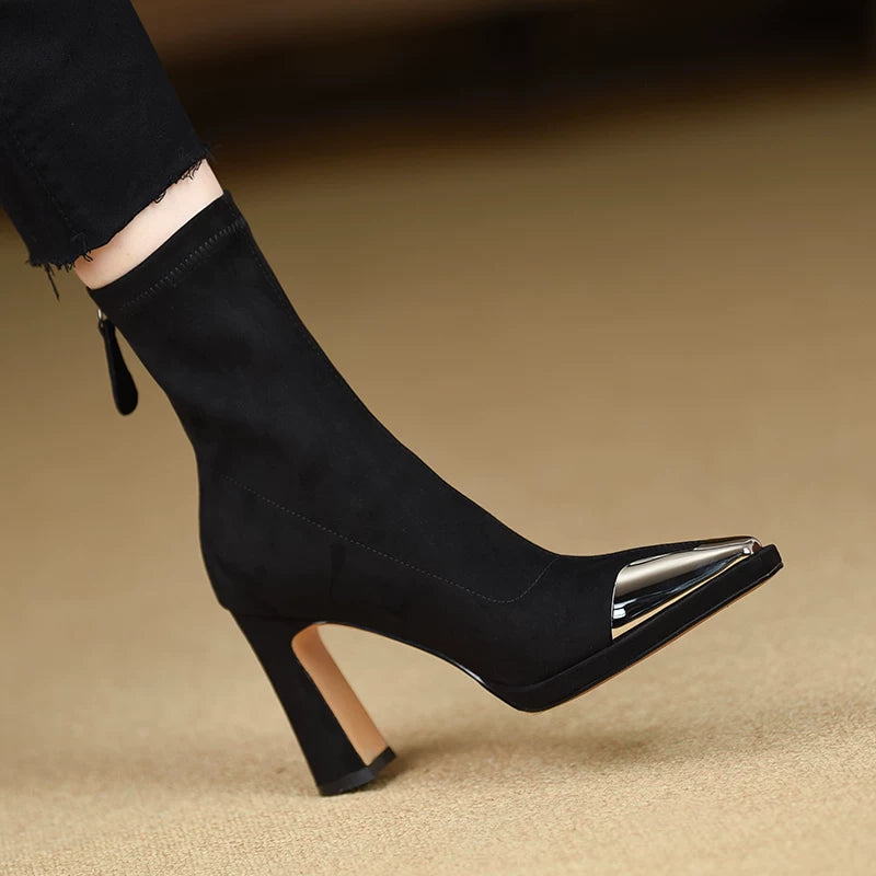 Women's Fall Winter Chunky Sole Pointed Toe Block Heel High Heel Slim Ankle Boots for Office and Weekend Streetwear Everyday Wear Date Night Wedding Guest