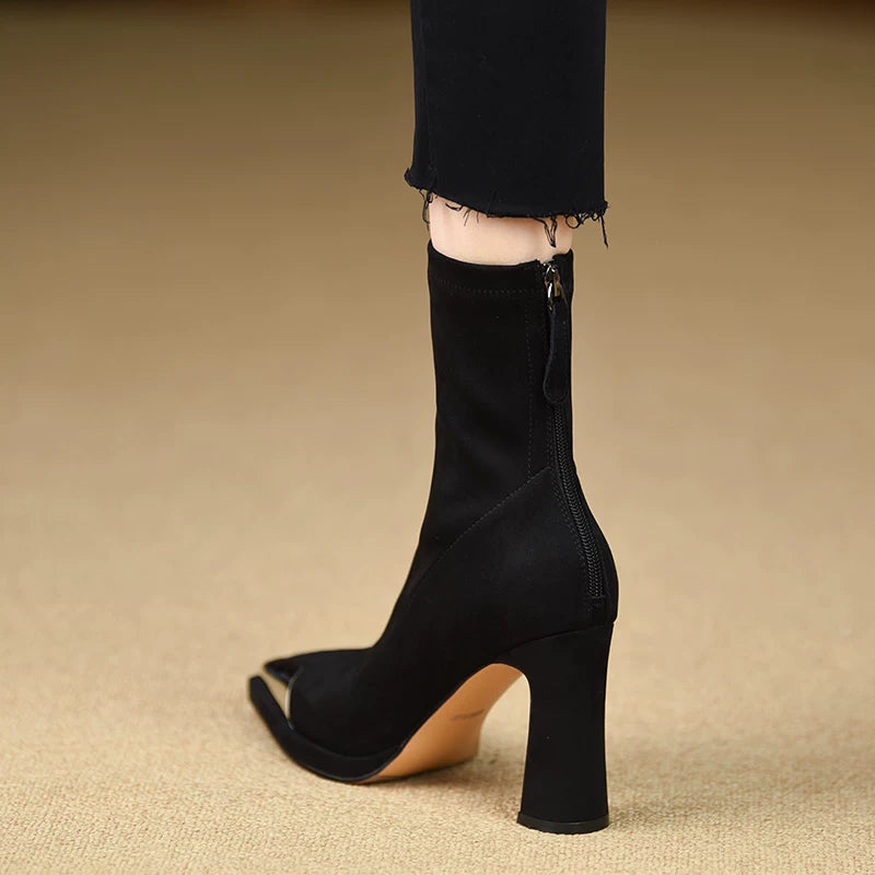 Women's Fall Winter Chunky Sole Pointed Toe Block Heel High Heel Slim Ankle Boots for Office and Weekend Streetwear Everyday Wear Date Night Wedding Guest