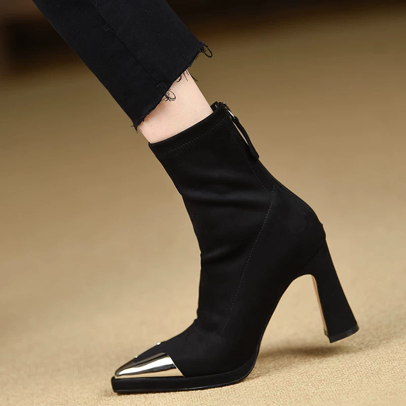 Women's Fall Winter Chunky Sole Pointed Toe Block Heel High Heel Slim Ankle Boots for Office and Weekend Streetwear Everyday Wear Date Night Wedding Guest