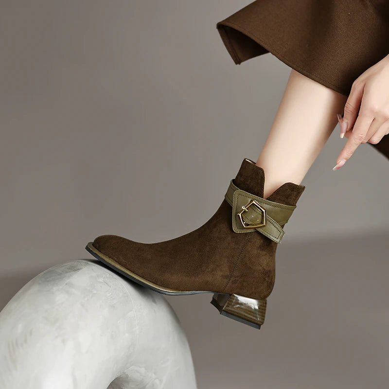 Women's Frosted Suede Square Toe Block Heel Mid Heel Martin Combat Boots for Fall Outfits Streetwear Winter Office and Weekend Everyday Wear
