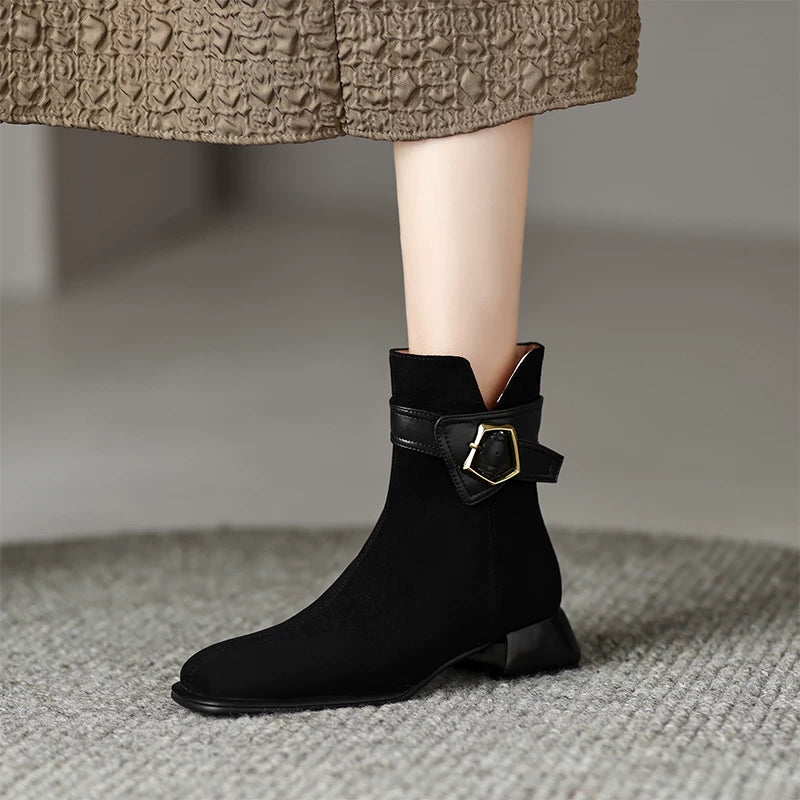 Women's Frosted Suede Square Toe Block Heel Mid Heel Martin Combat Boots for Fall Outfits Streetwear Winter Office and Weekend Everyday Wear