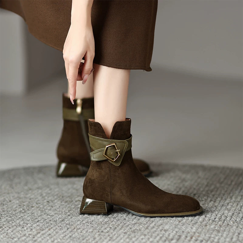 Women's Frosted Suede Square Toe Block Heel Mid Heel Martin Combat Boots for Fall Outfits Streetwear Winter Office and Weekend Everyday Wear