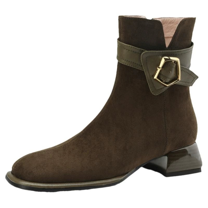 Women's Frosted Suede Square Toe Block Heel Mid Heel Martin Combat Boots for Fall Outfits Streetwear Winter Office and Weekend Everyday Wear