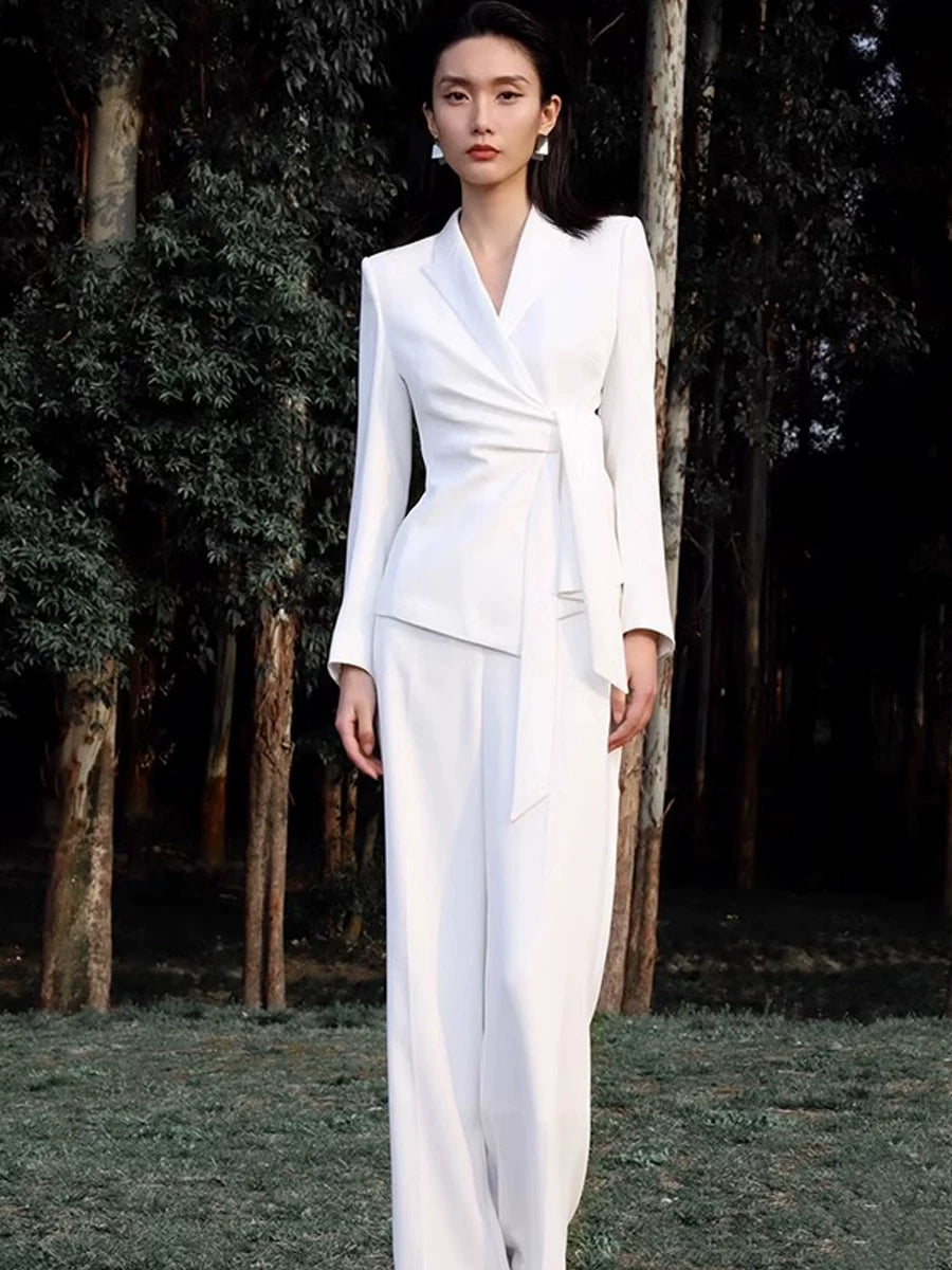 Women's Slim-waist White Office Slim-fit Lace-up Workwear Business Suit Set Blazer
