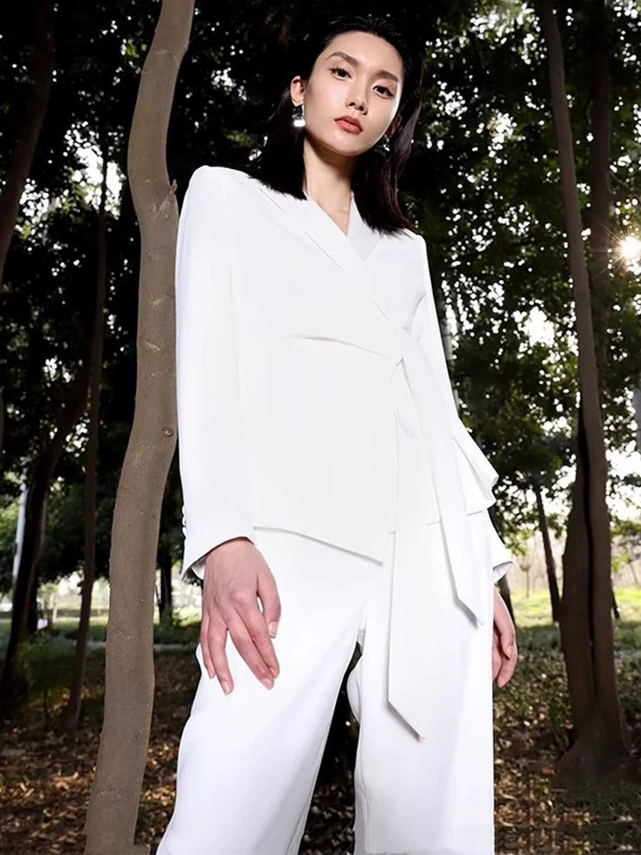 Women's Slim-waist White Office Slim-fit Lace-up Workwear Business Suit Set Blazer