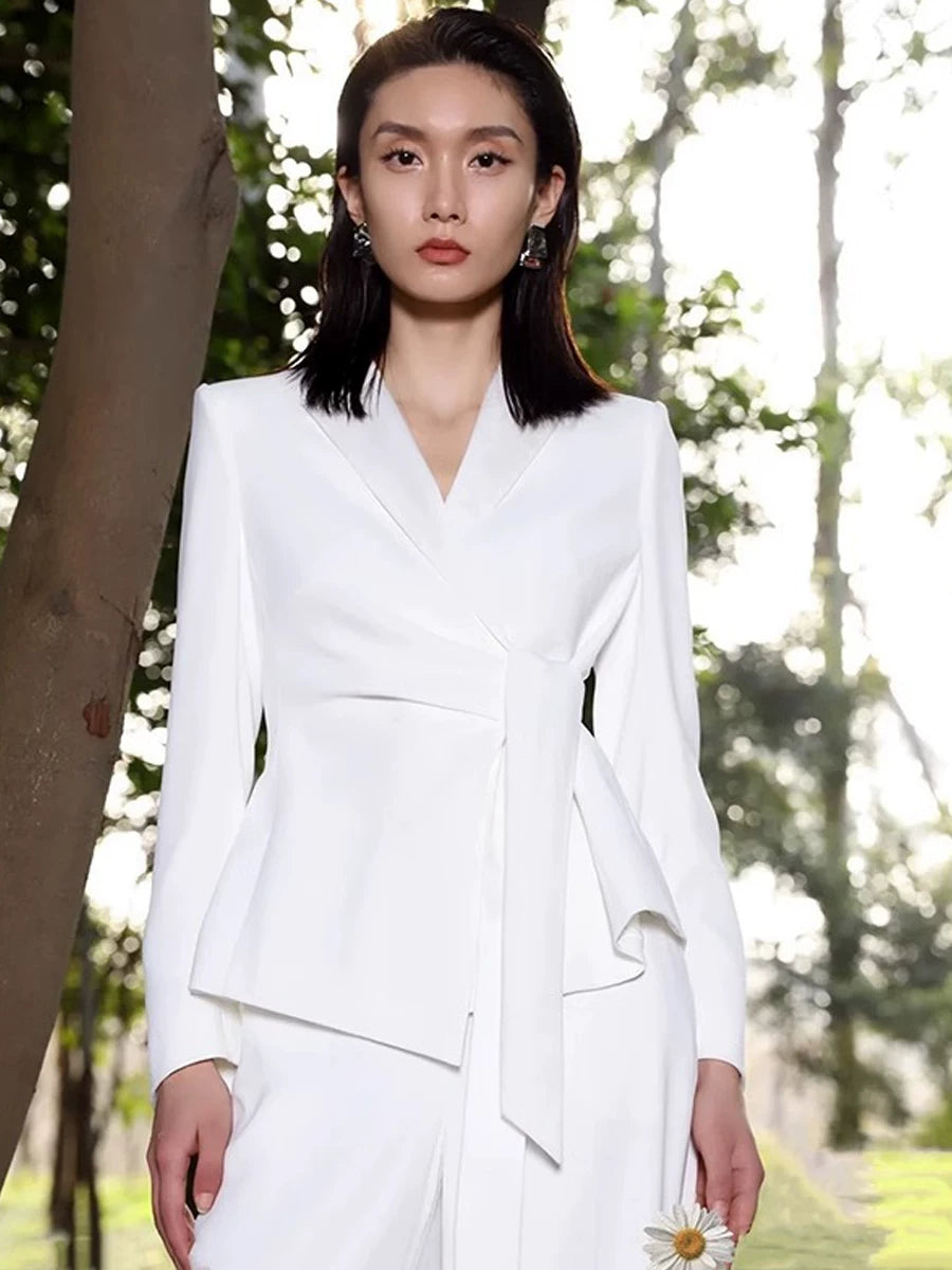 Women's Slim-waist White Office Slim-fit Lace-up Workwear Business Suit Set Blazer