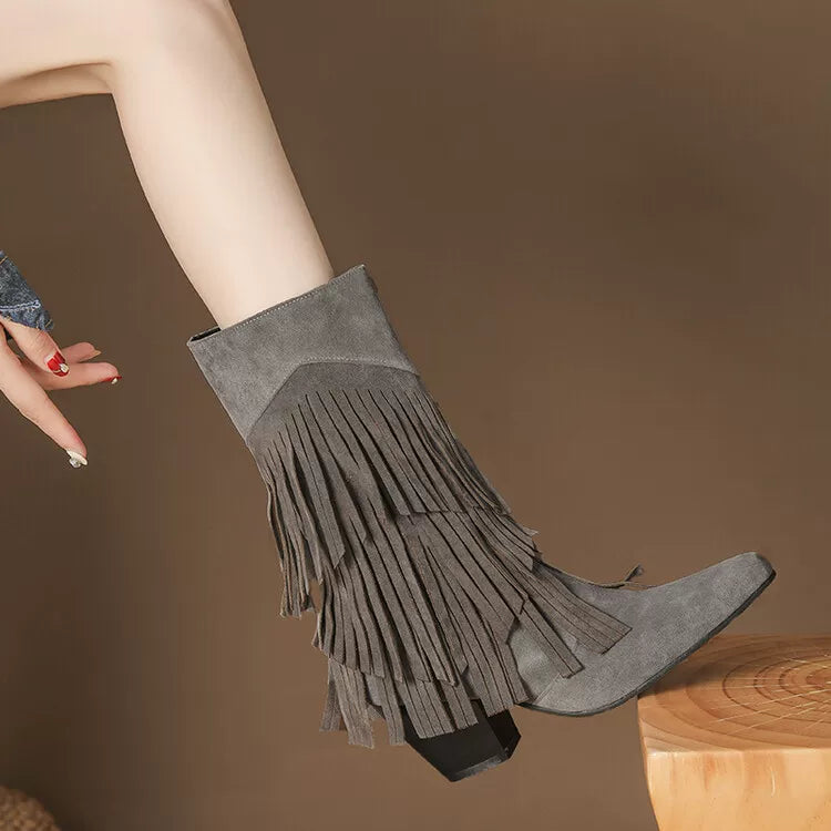 Women's Tassel Fall Winter Suede Block Heel French-Inspired British-Style Retro Tall Riding Boots for Office and Weekend Streetwear Everyday Wear Date Night