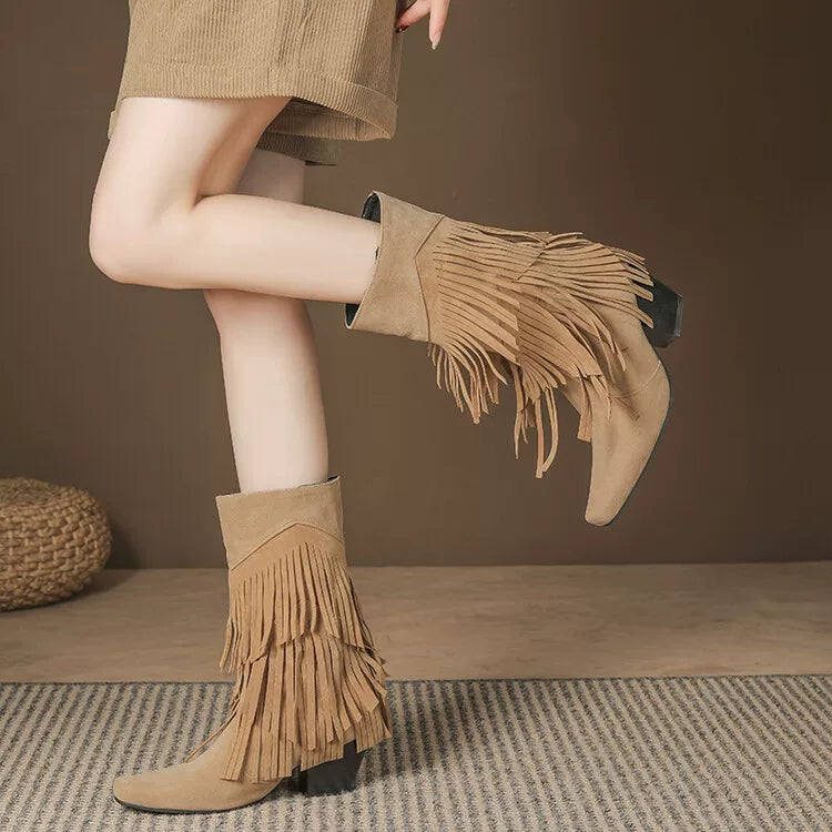 Women's Tassel Fall Winter Suede Block Heel French-Inspired British-Style Retro Tall Riding Boots for Office and Weekend Streetwear Everyday Wear Date Night