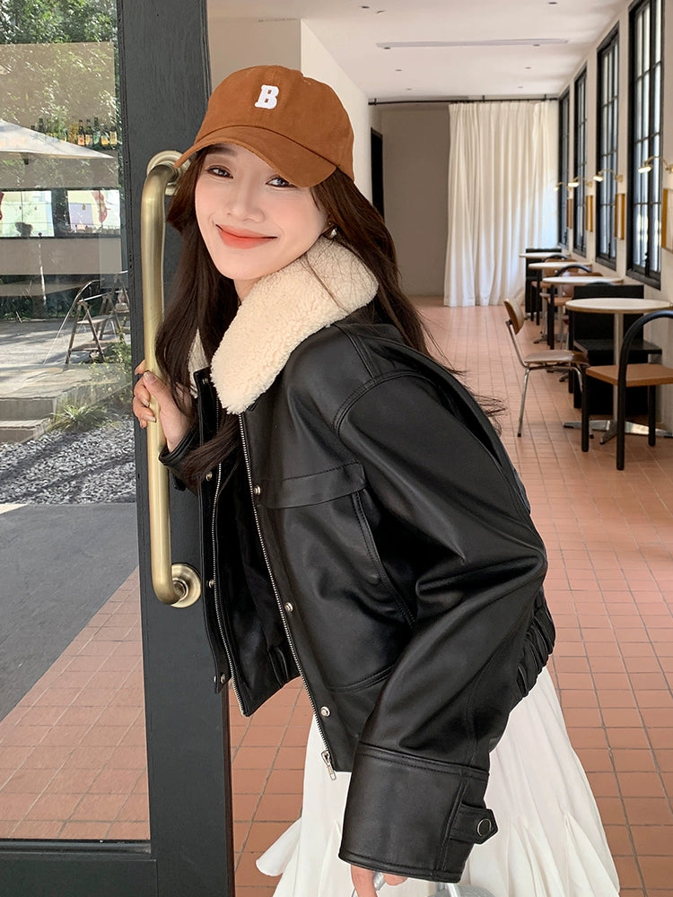Women's Fur-Collar Fall Winter Leather Cropped Faux Fur-Lined Jacket for Date Night Travel Outdoor Holiday Spring Fall