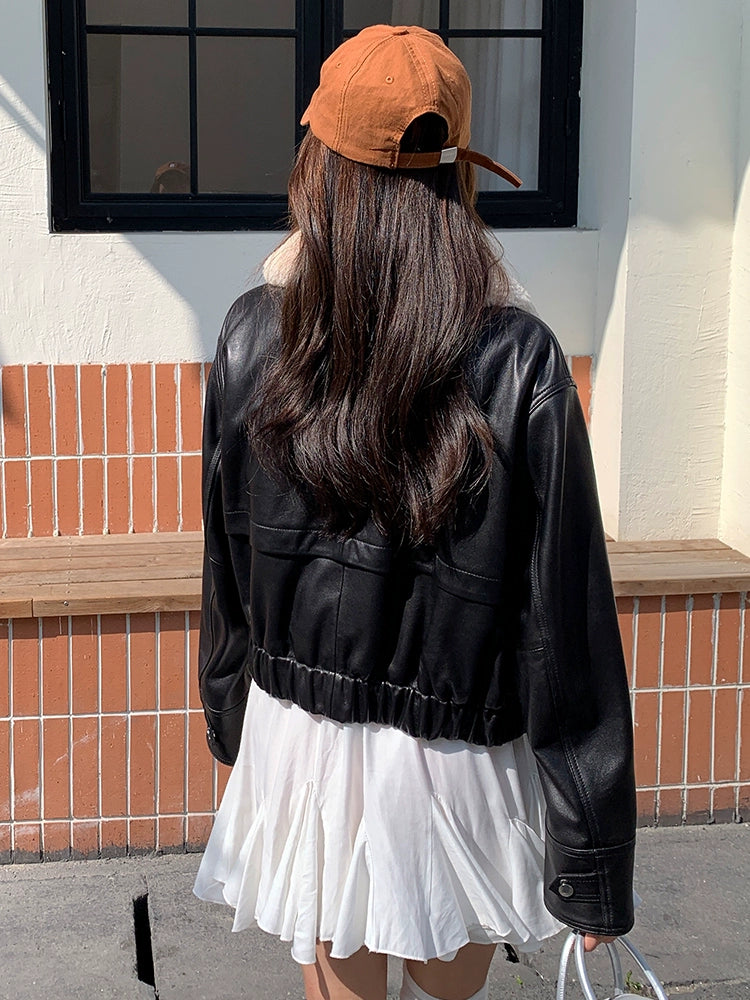 Women's Fur-Collar Fall Winter Leather Cropped Faux Fur-Lined Jacket for Date Night Travel Outdoor Holiday Spring Fall
