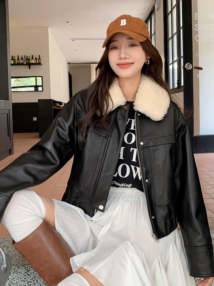Women's Fur-Collar Fall Winter Leather Cropped Faux Fur-Lined Jacket for Date Night Travel Outdoor Holiday Spring Fall