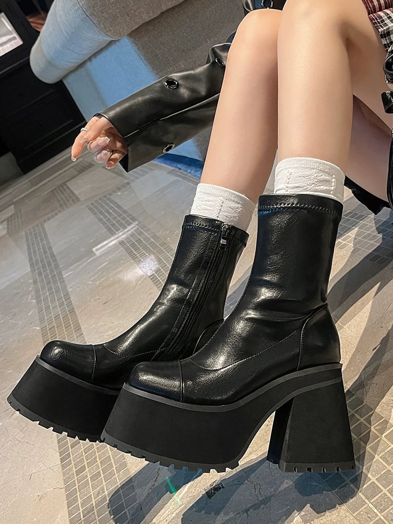 Women's Chunky Sole Block Heel High Heel Lift Moto Boots for Fall Outfits Streetwear Winter Office and Weekend Everyday Wear
