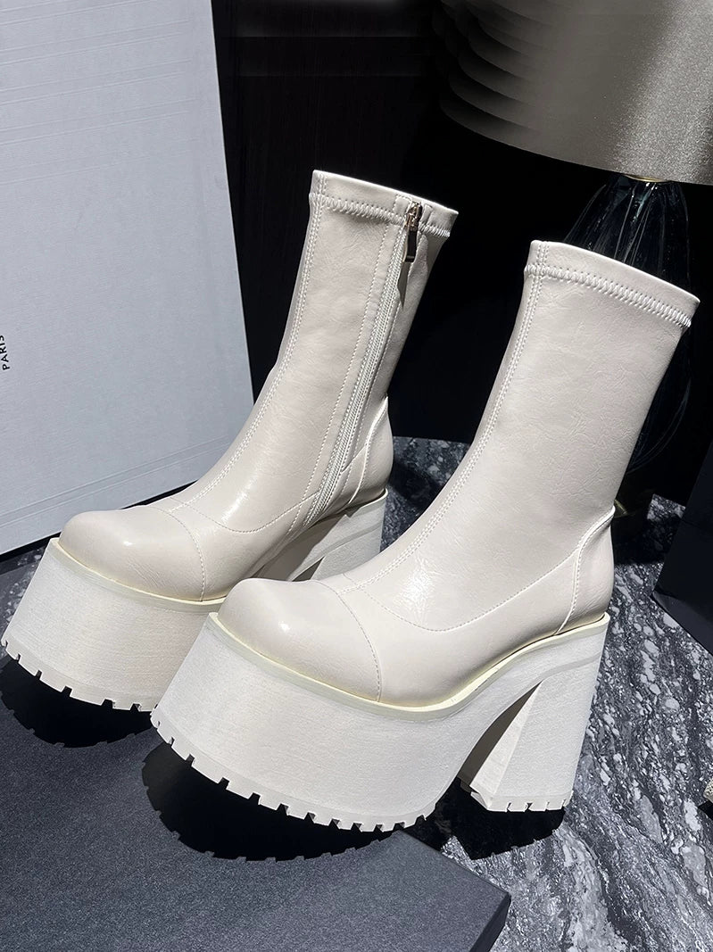 Women's Chunky Sole Block Heel High Heel Lift Moto Boots for Fall Outfits Streetwear Winter Office and Weekend Everyday Wear