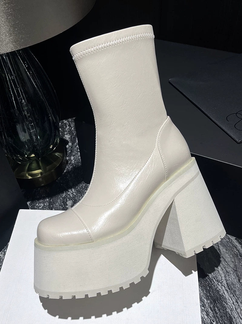 Women's Chunky Sole Block Heel High Heel Lift Moto Boots for Fall Outfits Streetwear Winter Office and Weekend Everyday Wear