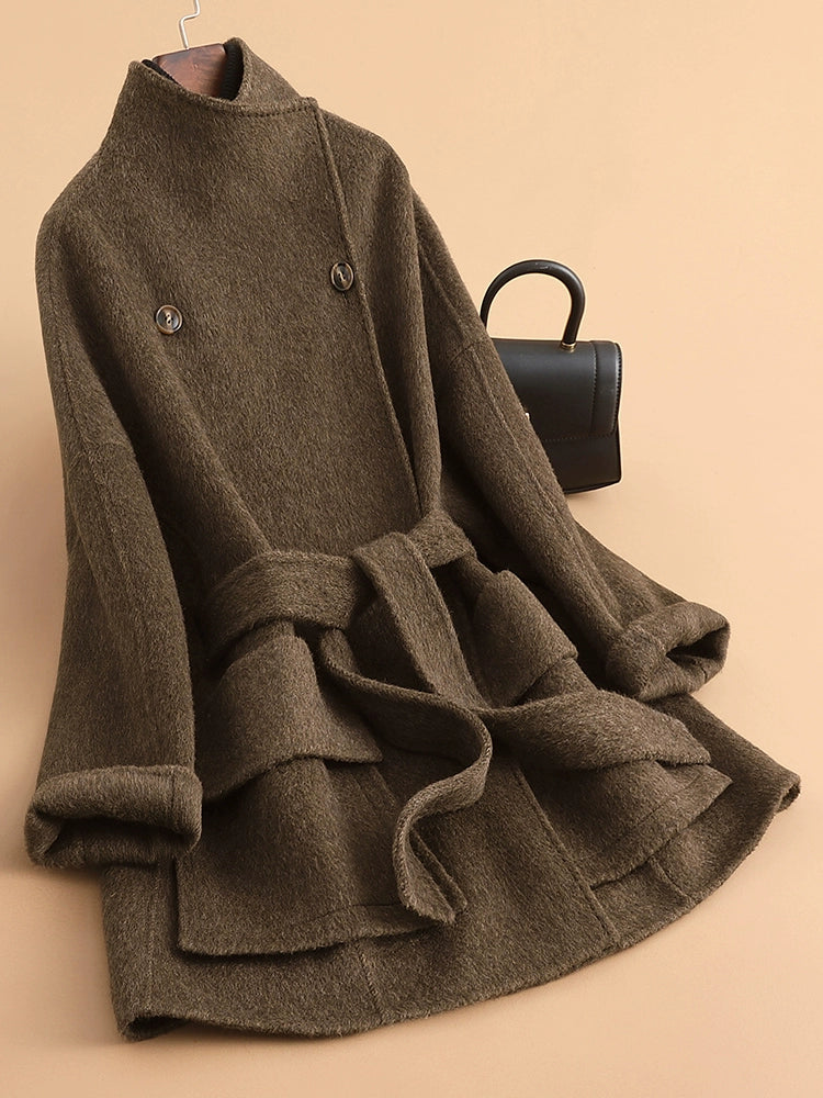 Women's Wool Fall Winter Longline Thickened Mandarin Collar Fleece-Lined Midi Coat Wrap for Cold Weather Travel Office Holiday Date Night
