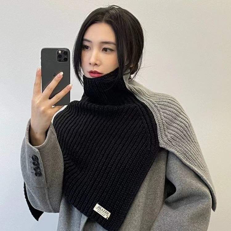 Women's Turtleneck Fall Winter Fleece-Lined Color-Block Korean-Style Shawls Scarves