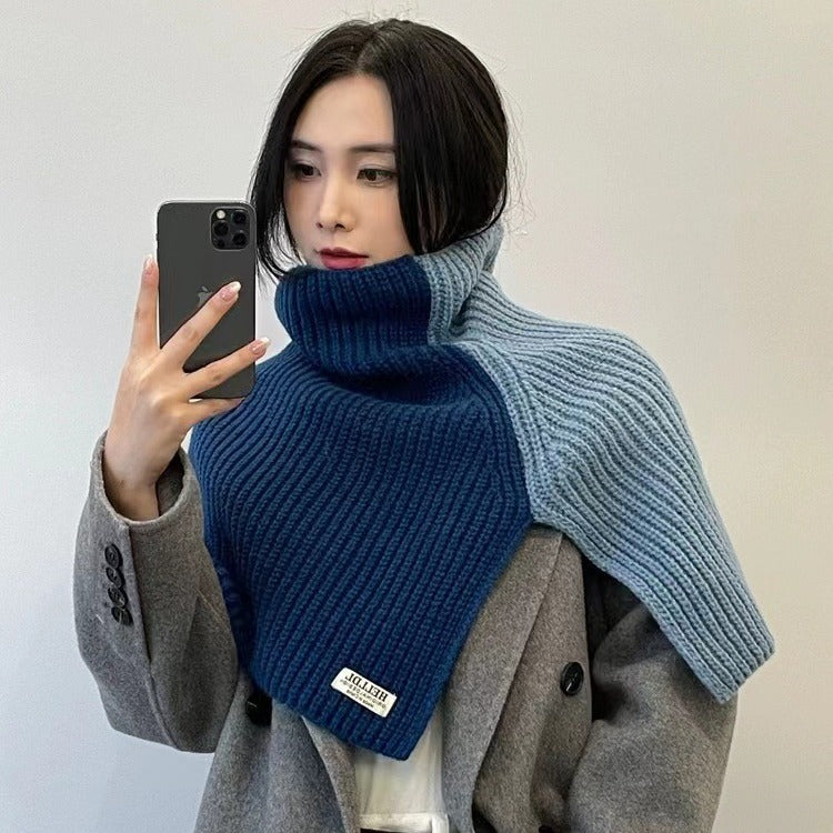 Women's Turtleneck Fall Winter Fleece-Lined Color-Block Korean-Style Shawls Scarves