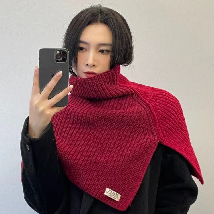 Women's Turtleneck Fall Winter Fleece-Lined Color-Block Korean-Style Shawls Scarves