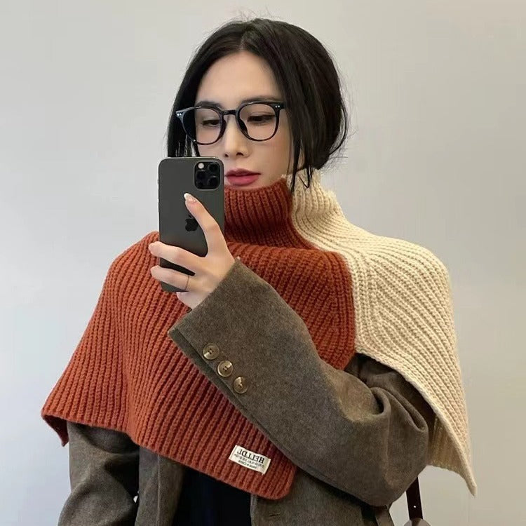 Women's Turtleneck Fall Winter Fleece-Lined Color-Block Korean-Style Shawls Scarves