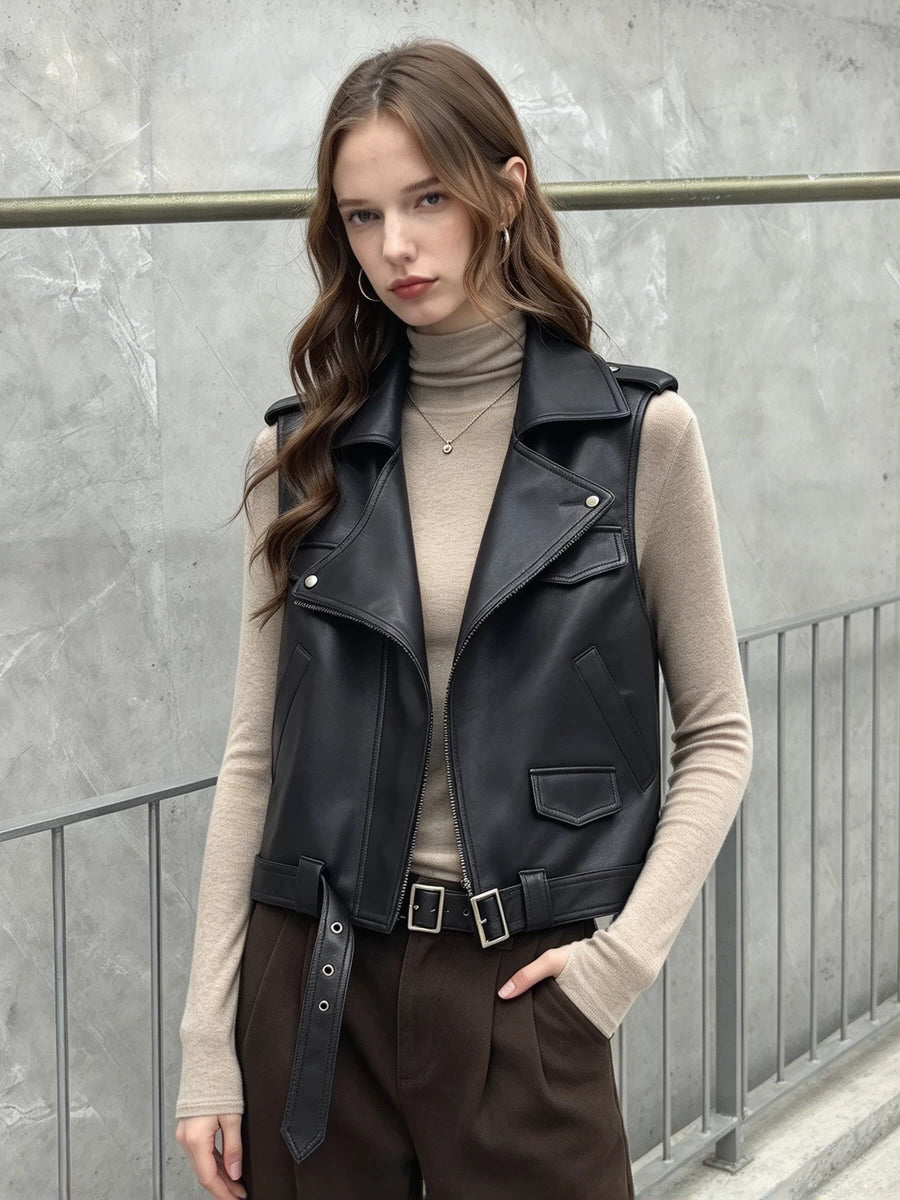 Women's Fall Winter Vest Black Lapel Leather Cropped for Date Night Holiday Party