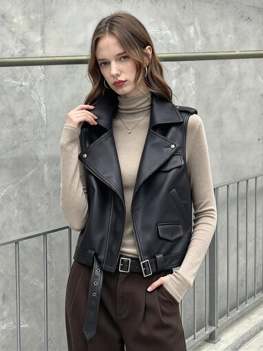 Women's Fall Winter Vest Black Lapel Leather Cropped for Date Night Holiday Party